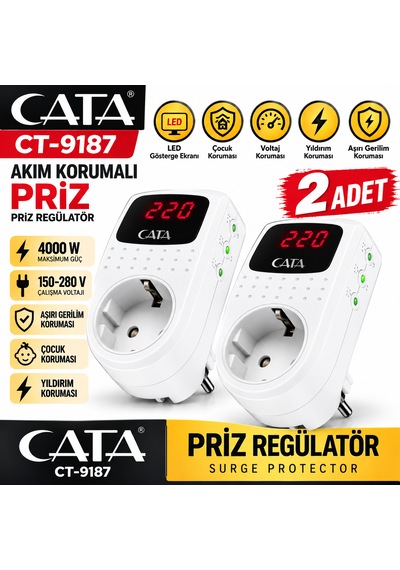 2 Adet 4000w Akım Korumalı Led Göstergeli Priz Kompakt Tasarım İle Güvenli Kullanım Kablosuz