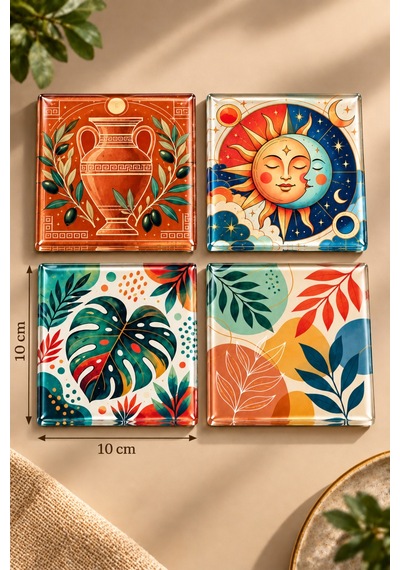 Gökçeoğlu Cam Bardak Altlığı Güneş Ay Ve Botanik Temalı 4'lü Takım 10cm X 10cm Çok Renkli