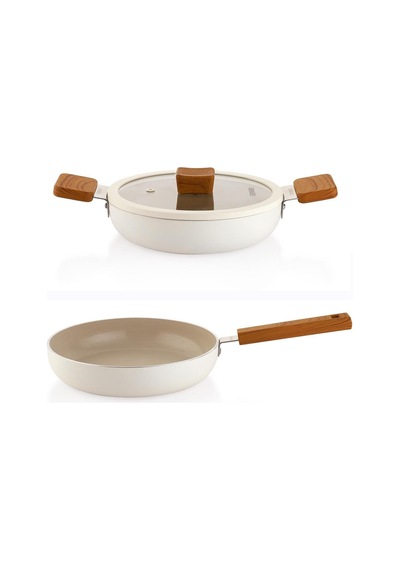 Schafer Ceramoni Seramik Tava 24 Cm Ve 22 Cm Kapaklı Sahan Seti Krem Krem