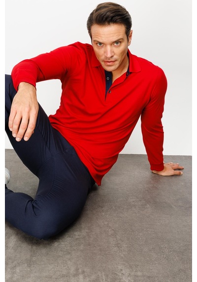 Desen Triko Erkek Polo Yaka Uzun Kollu Sweatshirt Kırmızı Kırmızı