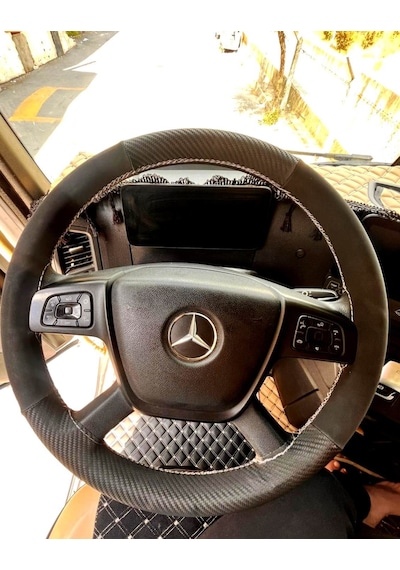 Dikişli Direksiyon Kılıfı Karbon Deri / Nubuk Deri Gri Dikişli Mercedes Tır Kamyon İçin Renkli