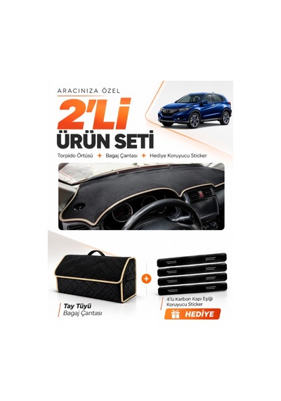 E-biz Honda Hr-v 2016-2020 Uyumlu Torpido Örtüsü + Tay Tüyü Bagaj Çantası Seti - Siyah-bej - Ho021