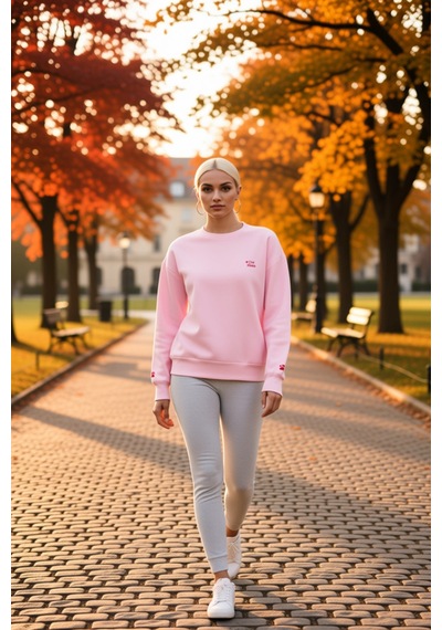 Benerly Kadın Bisiklet Yaka Düşük Kol Nakışlı Örme Sweatshirt Fonksiyonel Açık Pembe