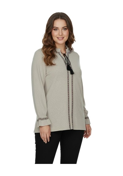 Wearon Kadın Yumoş Yaka Bağcıklı Kol Valonlu Modelli Bluz Bgl-st05141 Bej