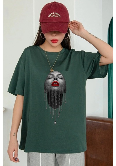 Uyguntarz Unisex Pırlantalı Kadın Portresi Tasarım Basklı Tshirt Yeşil