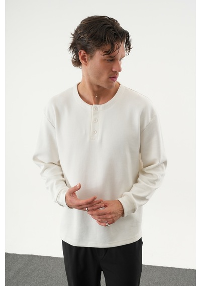 Redline Taren Oversize Erkek Kışlık Düğmeli Sweatshirt BEYAZ