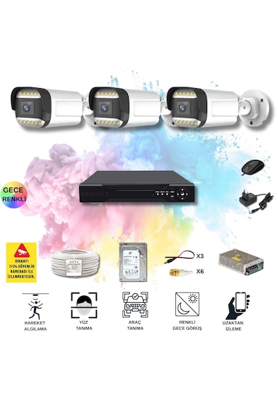 Qromax 3 Kameralı Set - Yapay Zeka Özellikli Gece Renkli Gösteren 5mp Sony Lensli 12 Warm Ledli Fullhd Güvenlik Kamerası Seti 312w-104