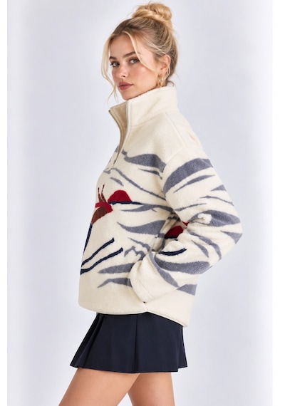Mevese Cepli Ve Yarım Fermuarlı Dik Yaka Desenli Kadın Oversize Polar Sweat - Beyaz-gri Mevese Cepli Ve Yarım Fermuarlı Dik Yaka Desenli Kadın Oversize Polar Sweat - Beyaz-gri