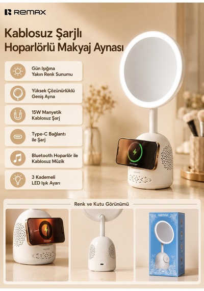 3'ü 1 Ara Makyaj Aynalı Led Masa Lambası - 15w Magsafe Kablosuz Şarj & Bluetooth Hoparlör Rt-e210