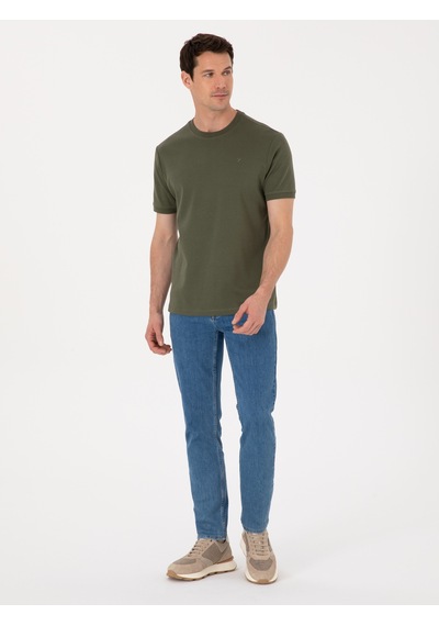 Haki Regular Fit %100 Pamuk Bisiklet Yaka Basic T-shirt Yeşil