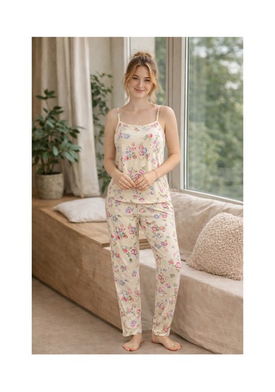 Rindahomewear Kadın Çiçek Baskılı Milan Askılı Pijama Takımı Bej