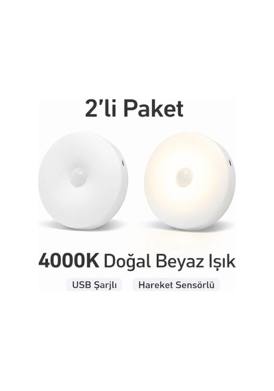 2'li Set Sensörlü Led Kabin Işığı Gece Lambası 1,5w 4000k Doğal Beyaz 150 Lümen Usb Şarjlı Manyetik Çok Renkli