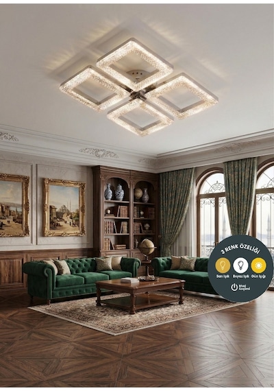 3 Renkli Kristal Kare 4 Lü Krom Kumandalı Avize Salon, Yemek Masası, Mutfak, Antre Ve Çocuk Odası Aydınlatma
