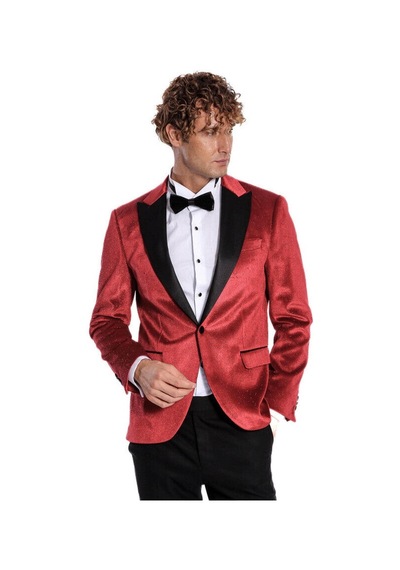 Wessi Simli Slim Fit Kadife Kırmızı Erkek Smokin Ceket - Kırmızı
