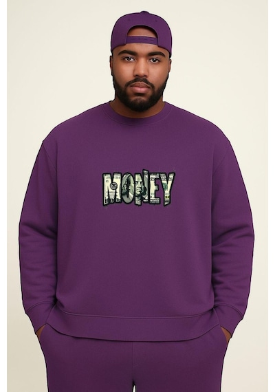 Benroma Money Baskılı Büyük Beden Unisex Sweatshırt Mor