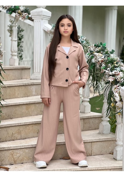 Bayramlık Kardeş Kombini Kız Erkek Çizgili Şık Takım Seti 6/16 Yaş - 31601 Krem Reng