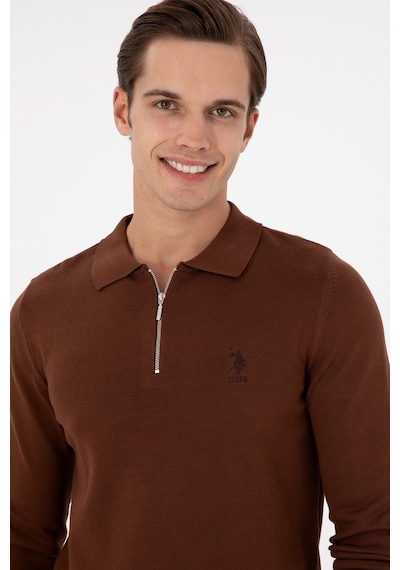 U.S. Polo Assn. Erkek Slim Fit Yarım Fermuarlı Kahverengi Basic Kazak 50297066-VR158