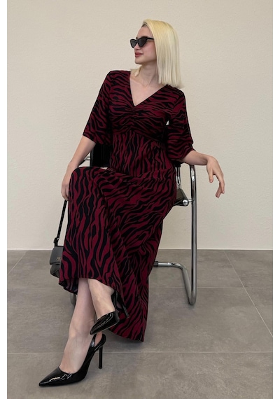 Madmext Bordo Zebra Desenli V Yaka Yarım Kollu Elbise Mg2394