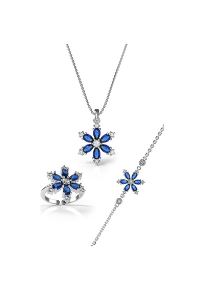925 Ayar Safir Taşlı Rodyum Lotus Çiçeği 3'lü Gümüş Set Gümüş