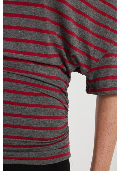 Tudors Kadın Regular Fit Klasik Kesim Asimetrik Yaka Yarasa Kol Çizgili Likralı Bordo Viskon Crop Bluz-52831