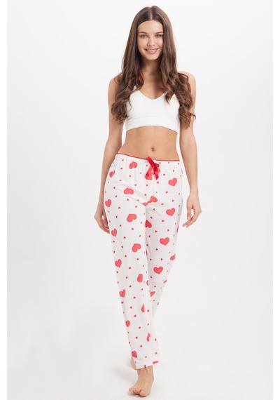Tudors Kadın Regular Fit Klasik Kesim Viskon Beli Lastikli Fiyonk Detaylı Baskılı Beyaz Pijama Altı-51008