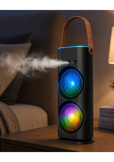 Mey İthalat Usb Şarjlı Çift Başlıklı Buharlı Masaüstü Fan Sessiz Serinletici Işıklı Fan