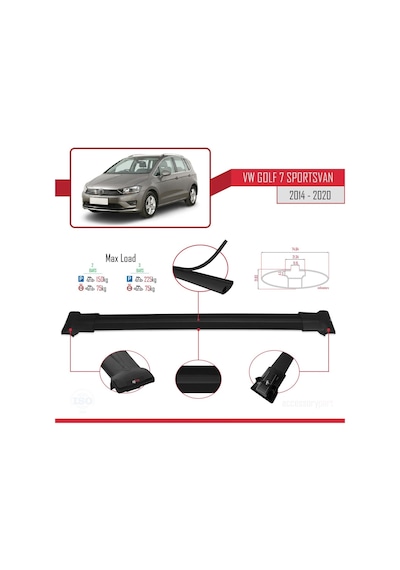 Volkswagen Golf 7 Sportsvan 2014-2020 Arası İle Uyumlu Fly Model Ara Atkı Tavan Barı Siyah