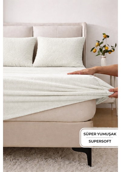 Süper Yumuşak Flanel Kadifemsi Peluş Lastikli Fitted Çarşaf Seti Kaymaz Tek/çift Kişilik Krem