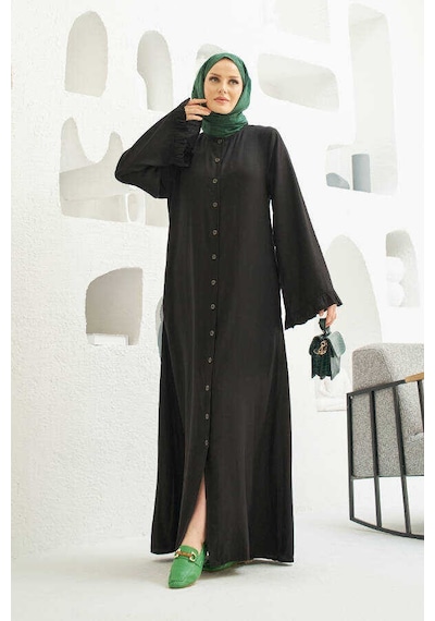 Neways 6587-denim Düğmeli Kolları Fırfırlı Ferace Siyah Siyah