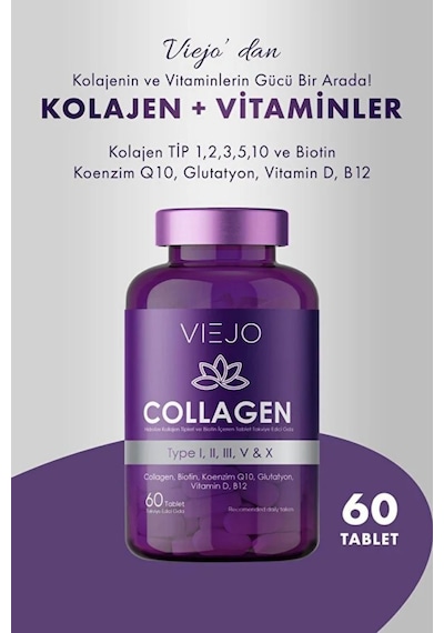 Kolajen Ve Vitaminler Tip 1,2,3,5,10 Ve Biotin, Koenzim Q10, Glutatyon, Vitamin D, B12 60 Tablet