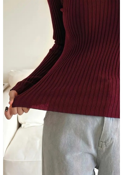 Kadın Fitilli Polo Yaka Triko Kazak Bordo