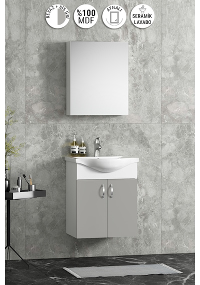 Yıldız 50 Cm Sis Gri Mdf Seramik Lavabolu Asma Banyo Dolabı Takım Beyaz-sis Gri