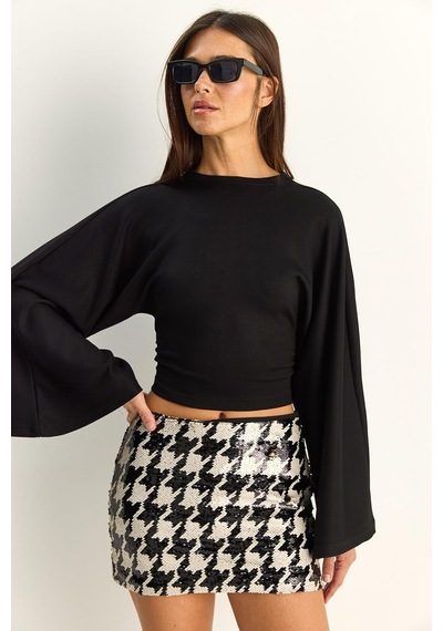 Shade Kadın Belden Oturtmalı Drapeli Geniş Kol Crop Bluz 1093 60286119 - Siyah