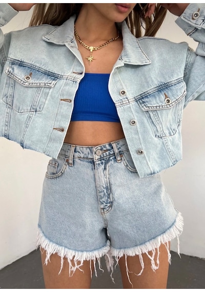 Kadın Mavi Oversize Crop Kot Ceket - Altı Kesik Dikişsiz Tasarım Çift Cepli Buz Mavi