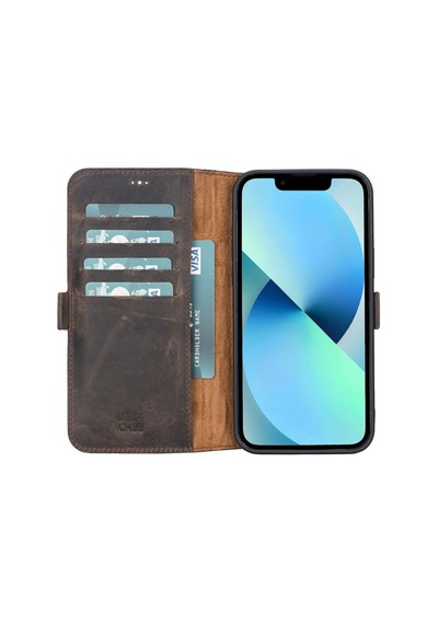 Apple İphone 13 Pro Max Uyumlu Deri Cüzdanlı Kılıf Acı Kahve