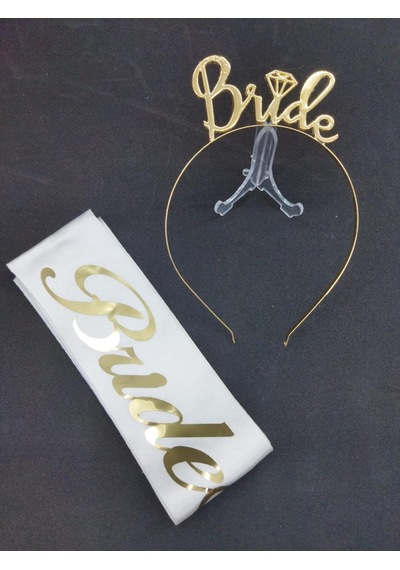 Gold Renk Taç Ve Beyaz Kuşak Bride Seti