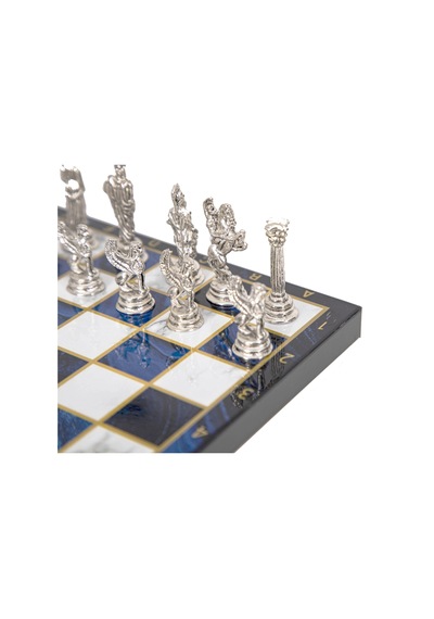 Lüks Metal Satranç Takımı Krom Kaplama Pegasus Atları & Gök Mavi Mermer Desenli Tahta 20 Cm.