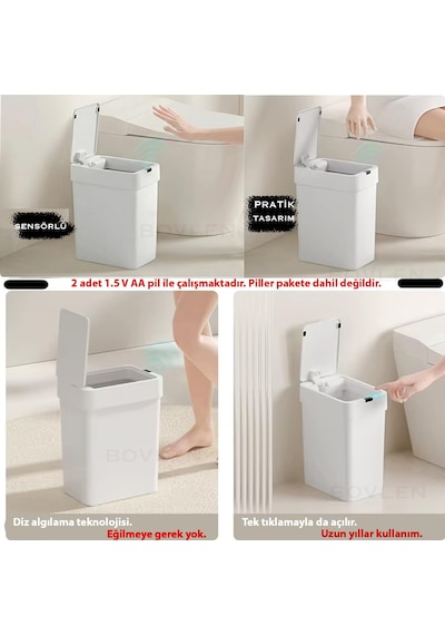 9 Litre Otomatik Hareket Sensörlü Çöp Kovası, Banyo Çöp Kovası, Çöp Kutusu Beyaz