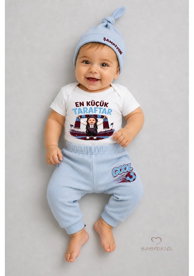 Babyden's %100 Pamuk Bordo Mavi En Küçük Taraftar Bebek Takımı 3'lü Kısa Kol Body,pantolon Ve Şapkalı Yenidoğan Seti 0-9 Ay