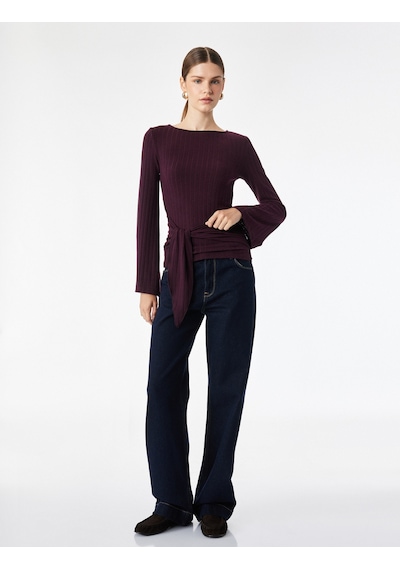 Koton Slim Fit Bisiklet Yaka Bağlama Detaylı Uzun Kollu Bluz Bordo 7wak80014pk