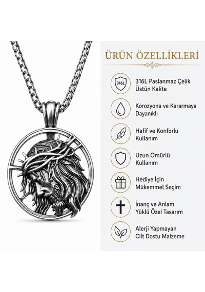 Detaylı İşçilik Paslanmaz Çelik Jesus Christ Hz. İsa Figürlü Kolye