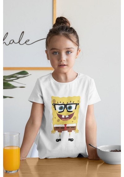 Sevbano Gözlüklü Süngerbob Baskılı Unisex Çizgi Film Çocuk Tişört 1-12 Y Beyaz