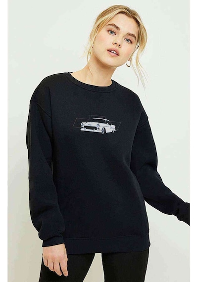 Chevrolet 1955 Baskılı Siyah Kadın Sweatshirt