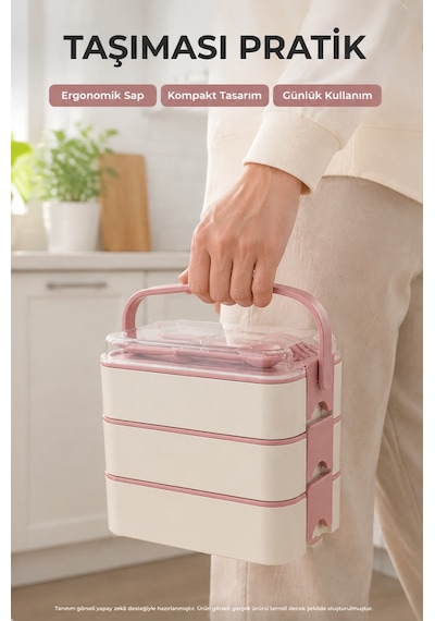 Pembe 3 Katlı Beslenme Kutusu Çatal Kaşık Dahil Kilitli Kapaklı Taşıma Saplı Yemek Saklama Kabı Seti