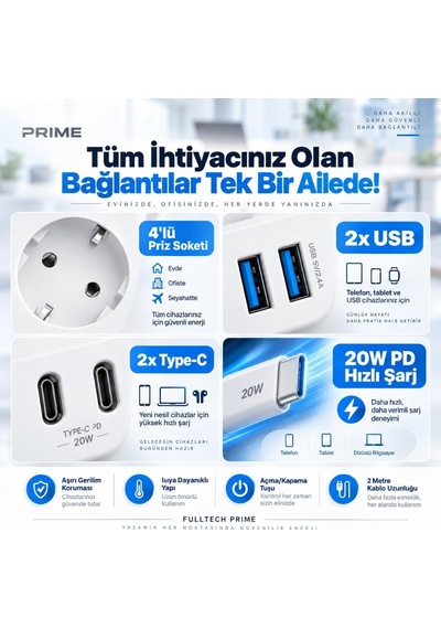 Akım Korumalı Priz, 4x Fiş Soketi, 2x Usb Girişi, 2x Type-c Girişi, 20w Pd Hızlı Şarj, Isıya Dayanıklı Yapı, 2 Metre Kablo Uzunluğu, Aşırı Gerilim Koruyucu, Açma/kapama Tuşu 230v/16a/1050j Kablosuz Kulaklık Akım Korumalı Priz, 4x Fiş Soketi, 2x Usb Girişi, 2x Type-c Girişi, 20w Pd Hızlı Şarj, Isıya Dayanıklı Yapı, 2 Metre Kablo Uzunluğu, Aşırı Gerilim Koruyucu, Açma/kapama Tuşu 230v/16a/1050j Kablosuz Kulaklık