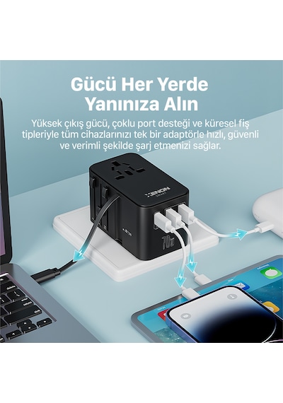 Xenon Smart Priz Dönüştürücü 70w Gan Hızlı Şarj, 200+ Ülke, Dahili Usb-c Kablo, Usb-c, 2x Usb-a X6411