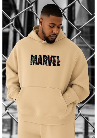 Benroma 3 İplik Penye Marvel Baskılı Büyük Beden Sweatshırt Bej