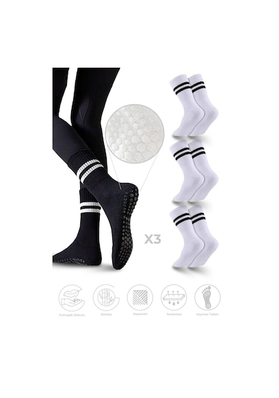 Saysez Bambu Kadın Beyaz Kaydırmaz Taban Silikon Baskı Pilates Yoga Fitness Dans Aktivite Tenis Çorabı 3'lü Renkli