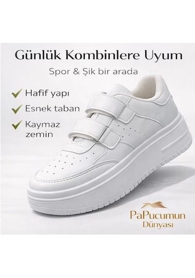 Papucumun Dünyası Aır Kalın Yüksek Taban Cırt Bantlı Kadın Sneaker Beyaz