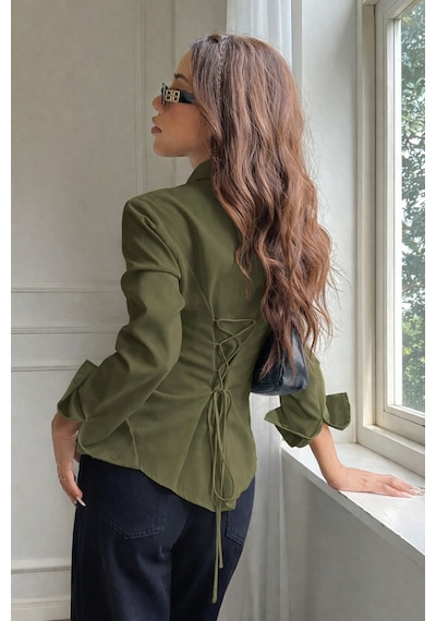 Kadın Arkası Bağcıklı Gömlek Slim Fit Günlük Ve Ofis Kombin Modern Tasarım Haki